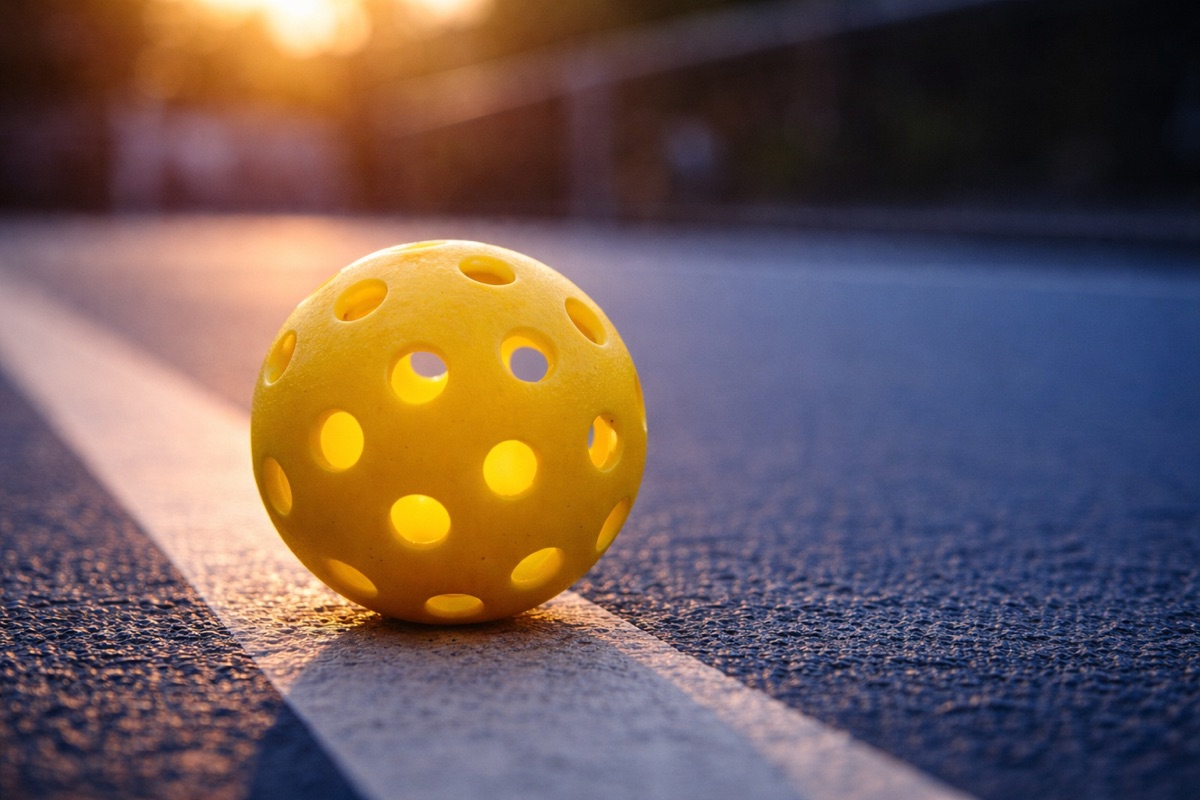A yellow pickleball resting on the court line at golden hour.