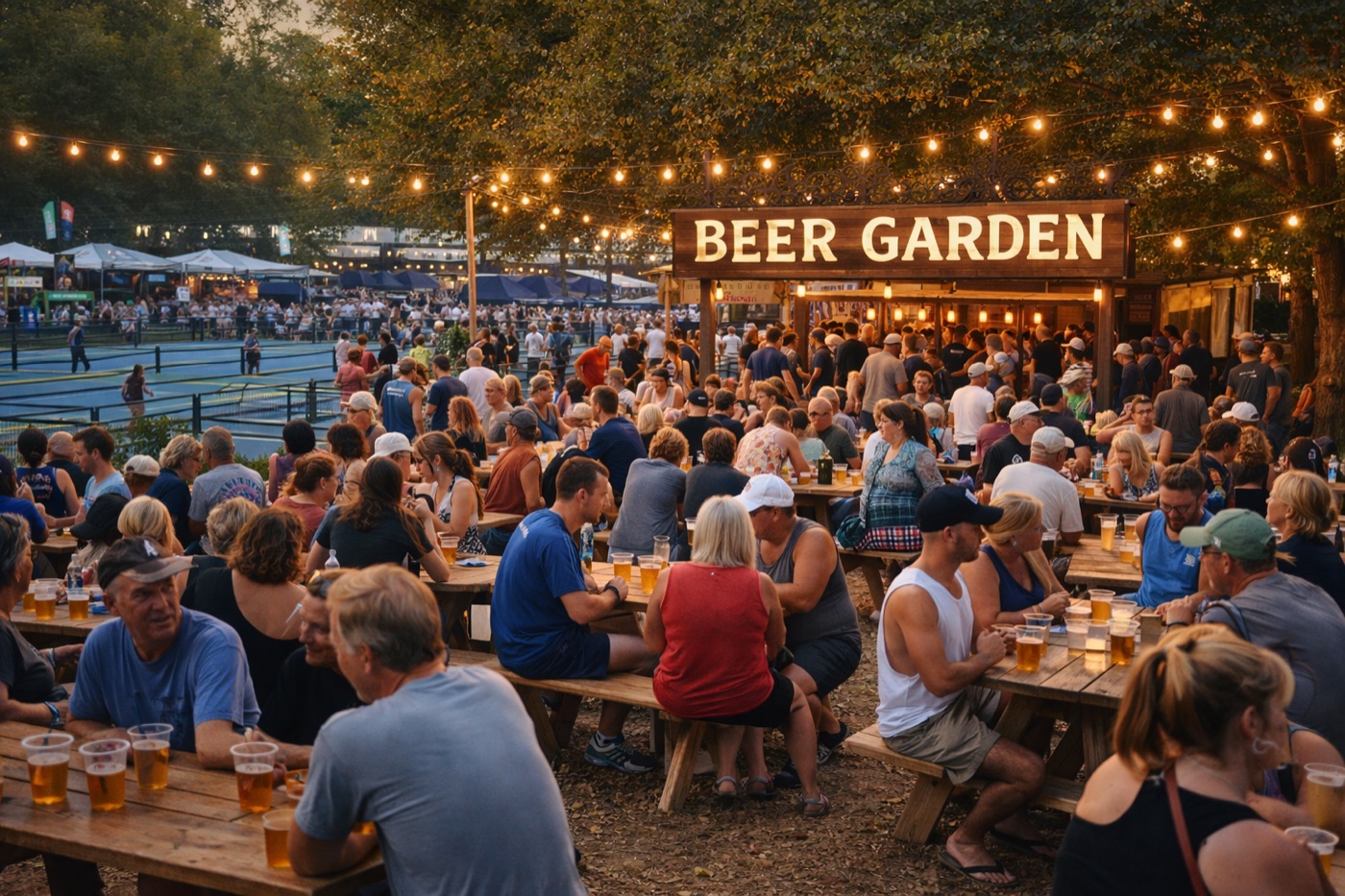 Packed beer garden at dusk under warm string lights, picnic tables full of people.