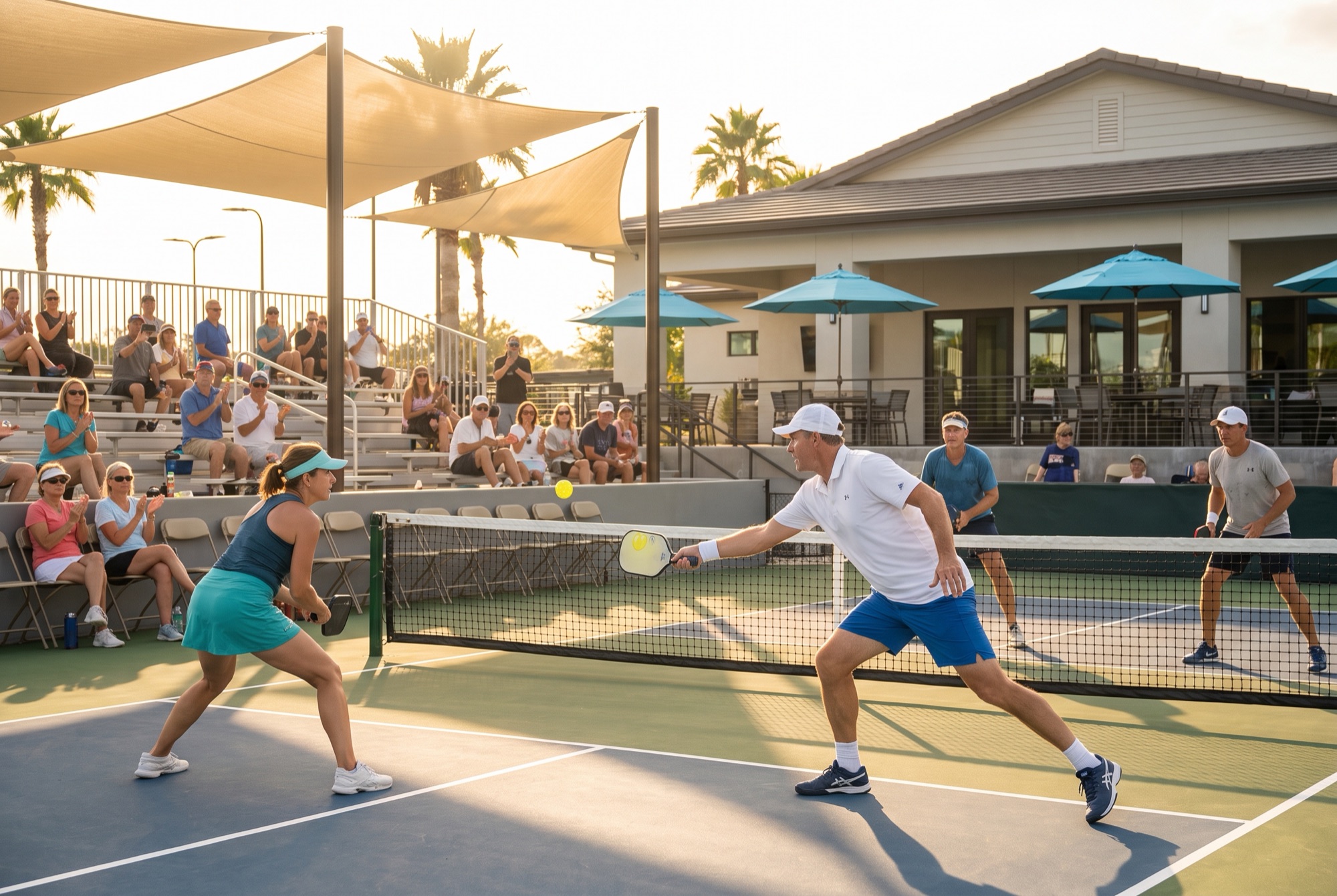 Golden-hour pickleball rally with a crowd clapping from courtside bleachers.