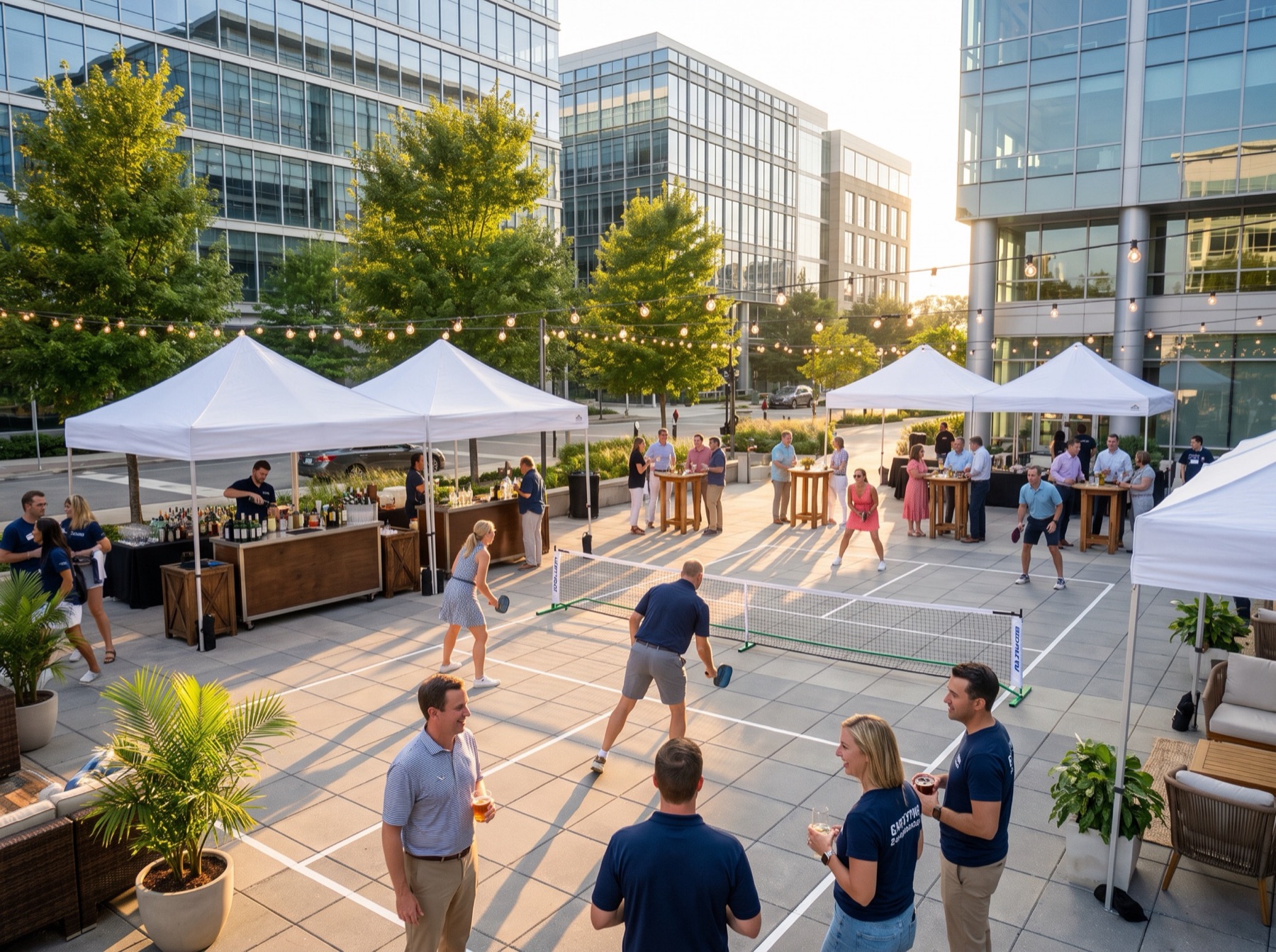 A private Kitchen Block Party build-out in a corporate courtyard: pickleball courts, white tents, a bar, and a business-casual crowd at golden hour.