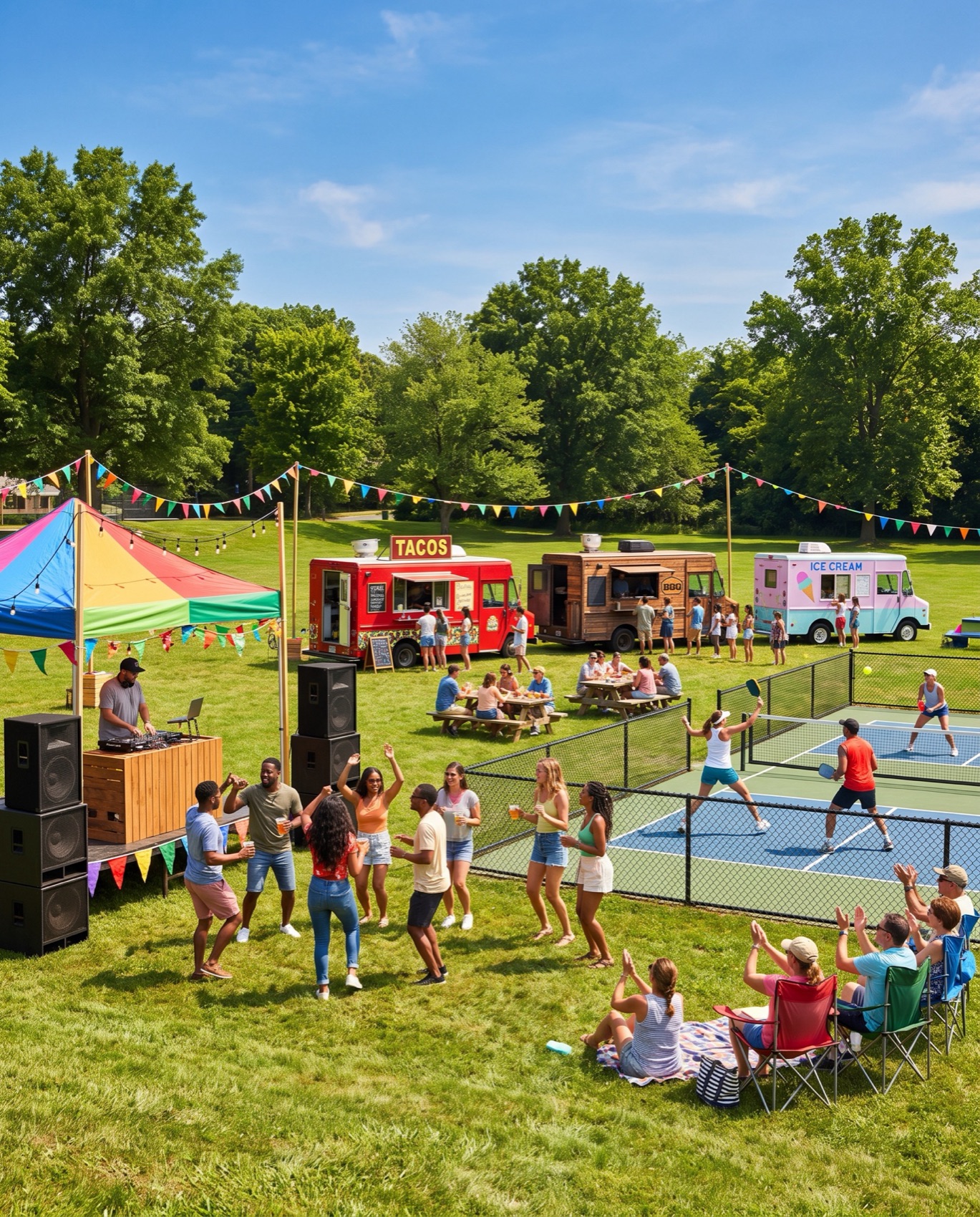 Daytime Kitchen Block Party: a live DJ stage, taco truck, and a crowd around an open pickleball court.