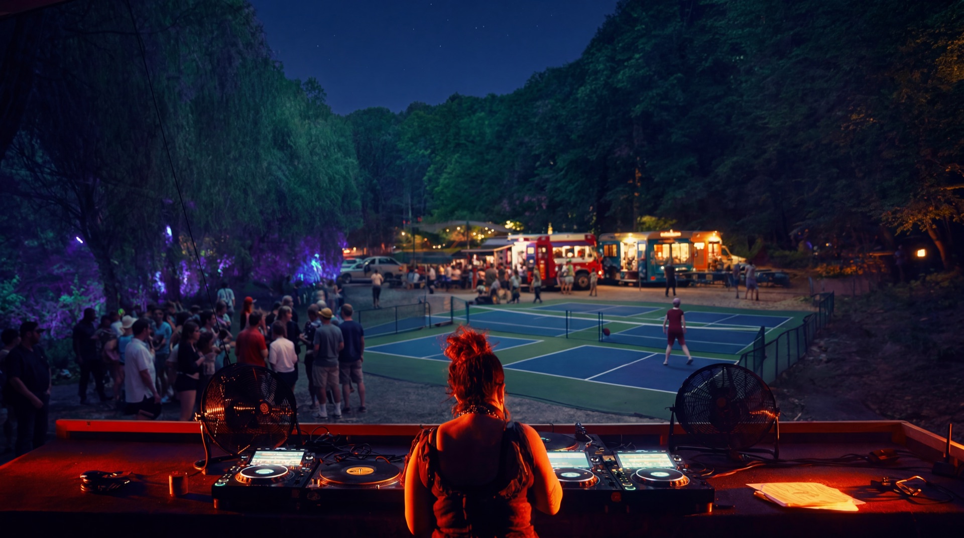 Night session: a DJ behind the decks overlooking floodlit pickleball courts and a crowd in the trees.