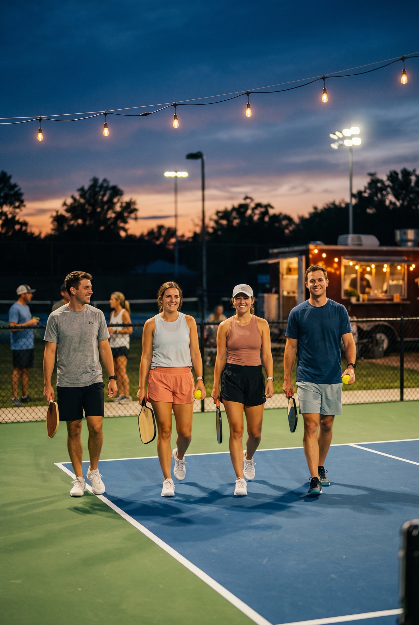 Four friends walking onto a floodlit pickleball court at dusk with paddles in hand, string lights and a food truck glowing behind them.