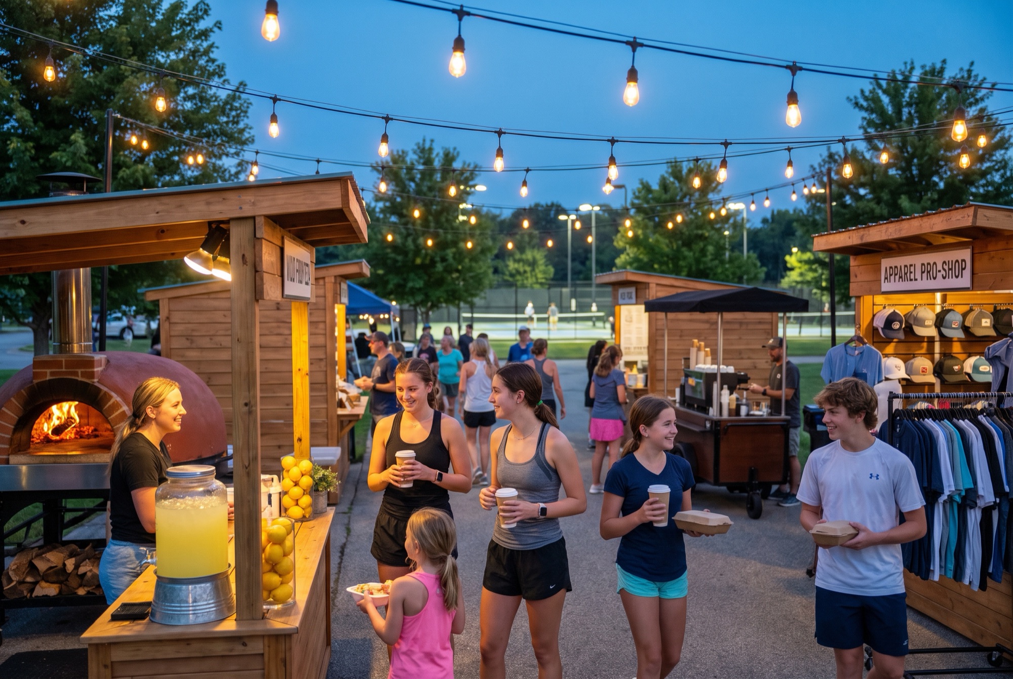Night vendor village under string lights: woodfired pizza, a lemonade stand, a coffee cart, and an apparel pro shop.